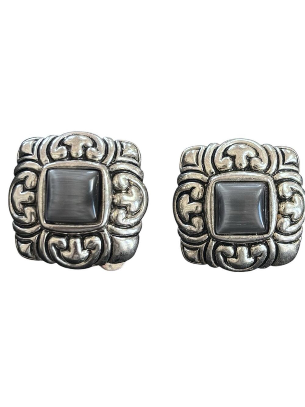 Vintage Gray Cat's Eye Cabochon Square Bezel Scroll Clip-On Earrings Baroque